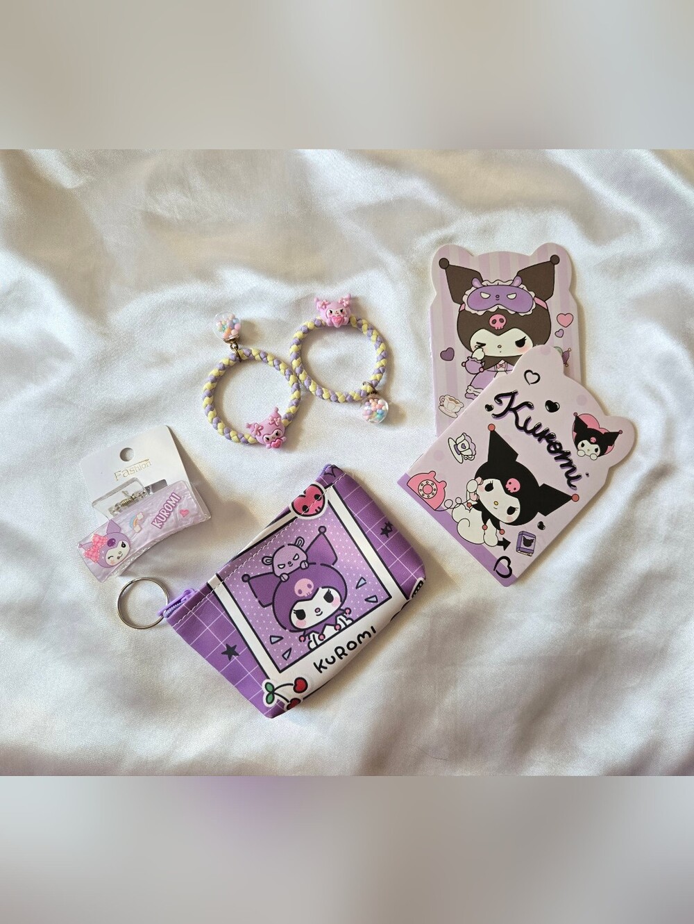Sanrio Kuromi Lavender Coin Pouch with Hair Clip, 2 Hair Ties, 2 Notepads